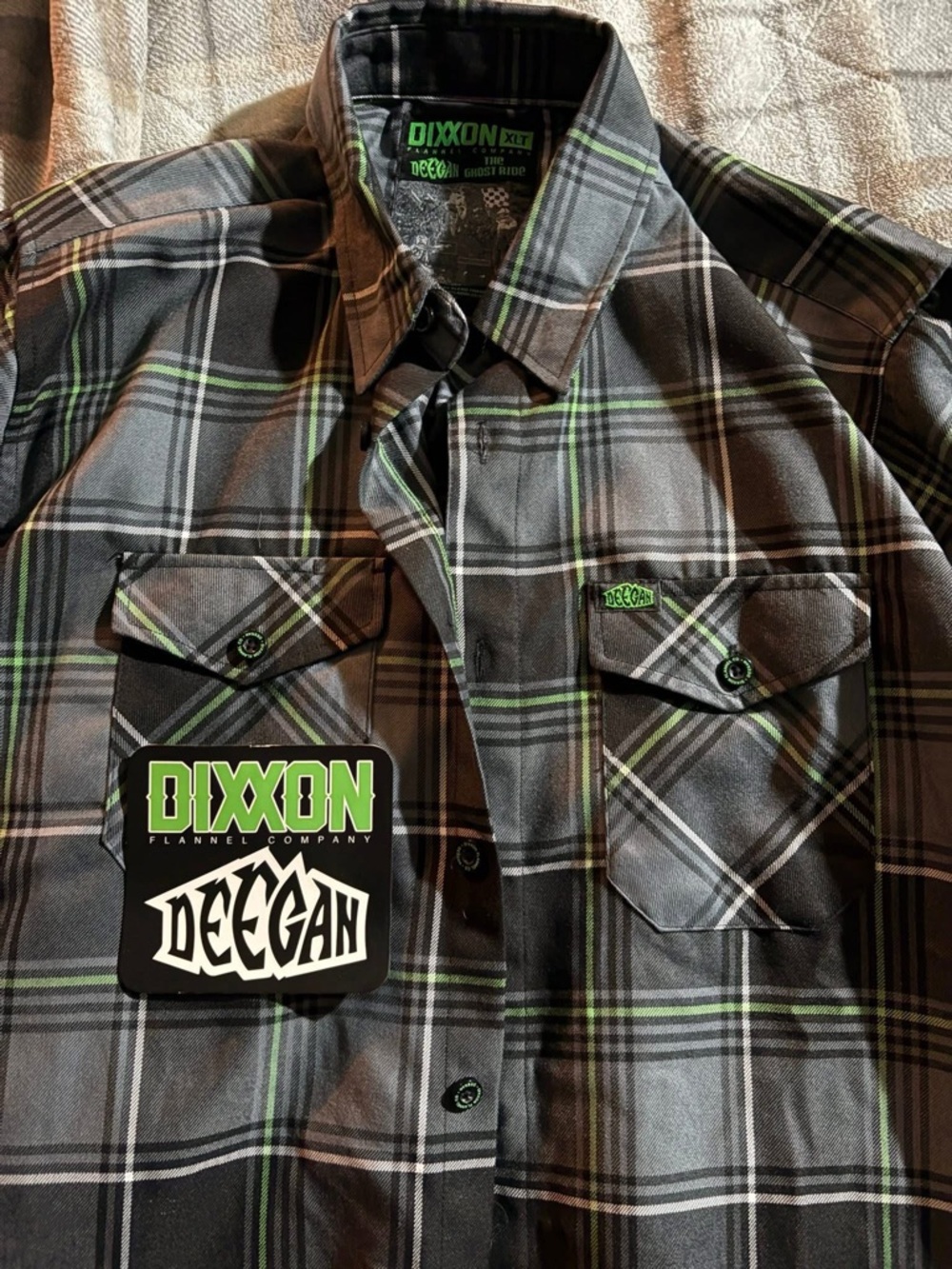 DIXXON Gray Plaid Flannel Shirt with Green Stripes